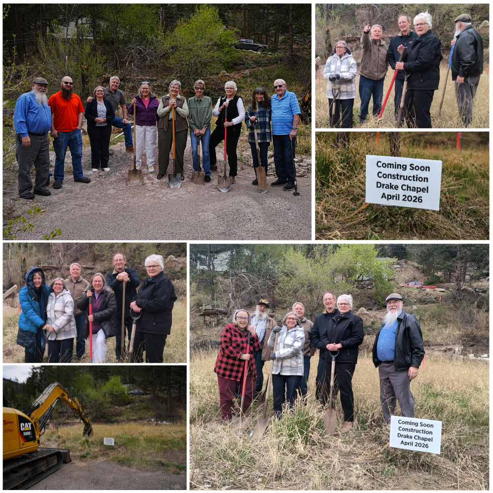 Photo collage of the breaking ground ceremony for the Chapel in Drake. Several people from the congregation came together to pray and fellowship.